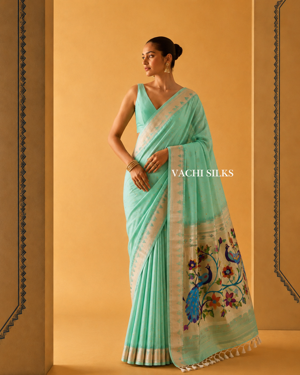 Mayur Valli Mint Green Paithani Silk Saree