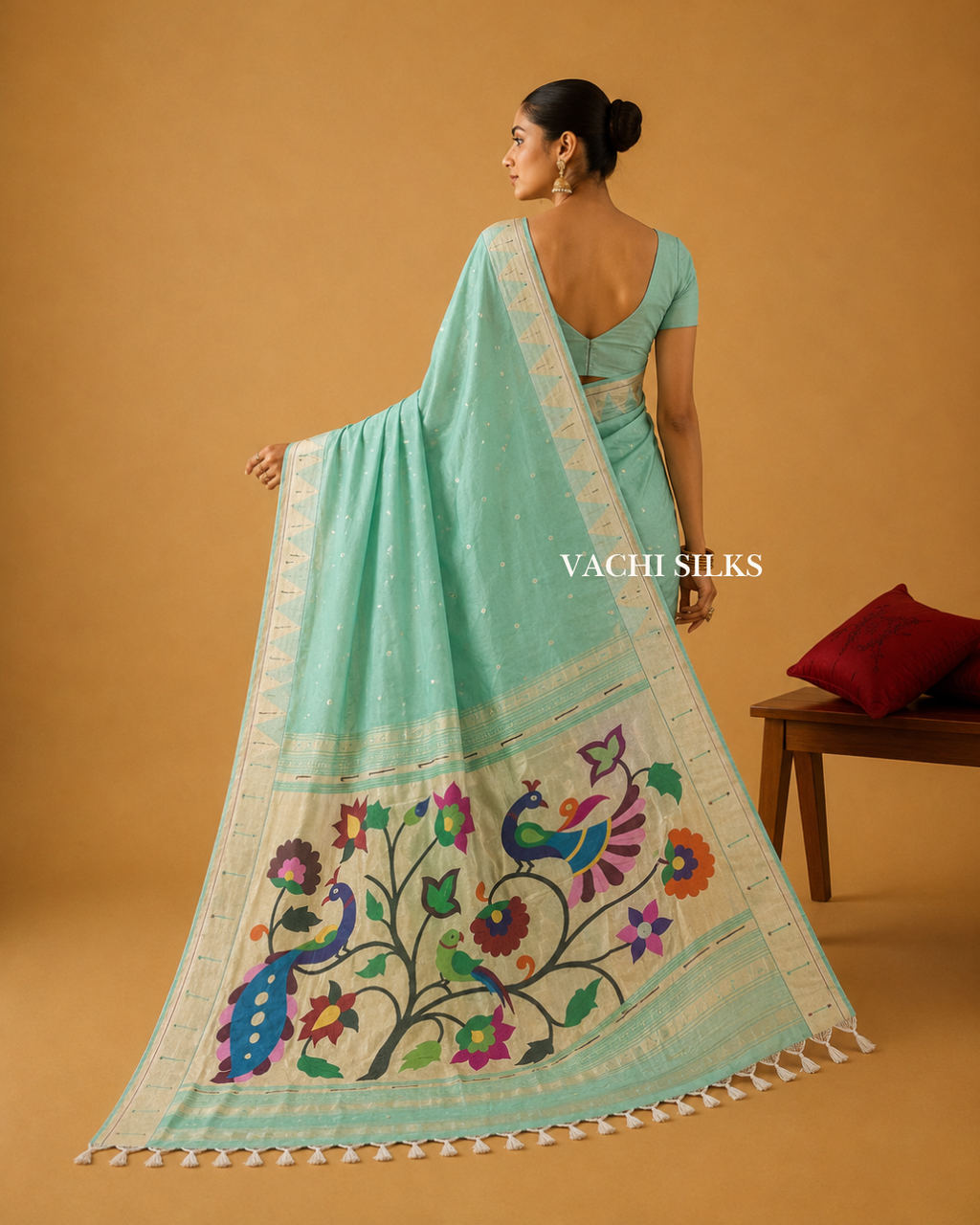 Mayur Valli Mint Green Paithani Silk Saree