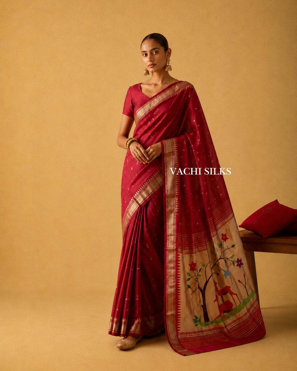 Rajsi Scarlet Deer Paithani Silk Saree.